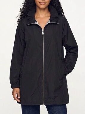 Chico's Black Ruffle Collar Rain Jacket Size 2P 12/14 Petite Water Resistant